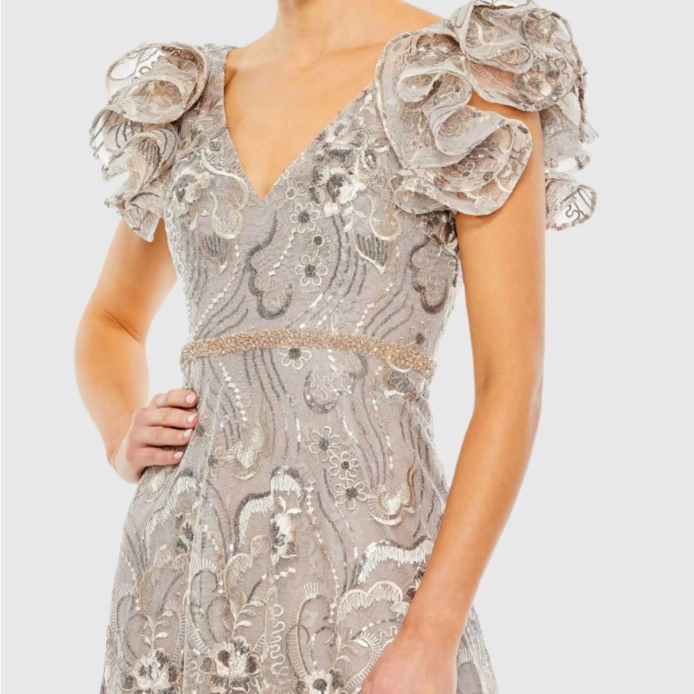 Mac Duggal Silver-Taupe Embellished Midi Dress